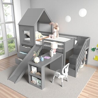 Twin Size Pine Wood Loft Bed with Storage Cabinets, Slide & Removable ...