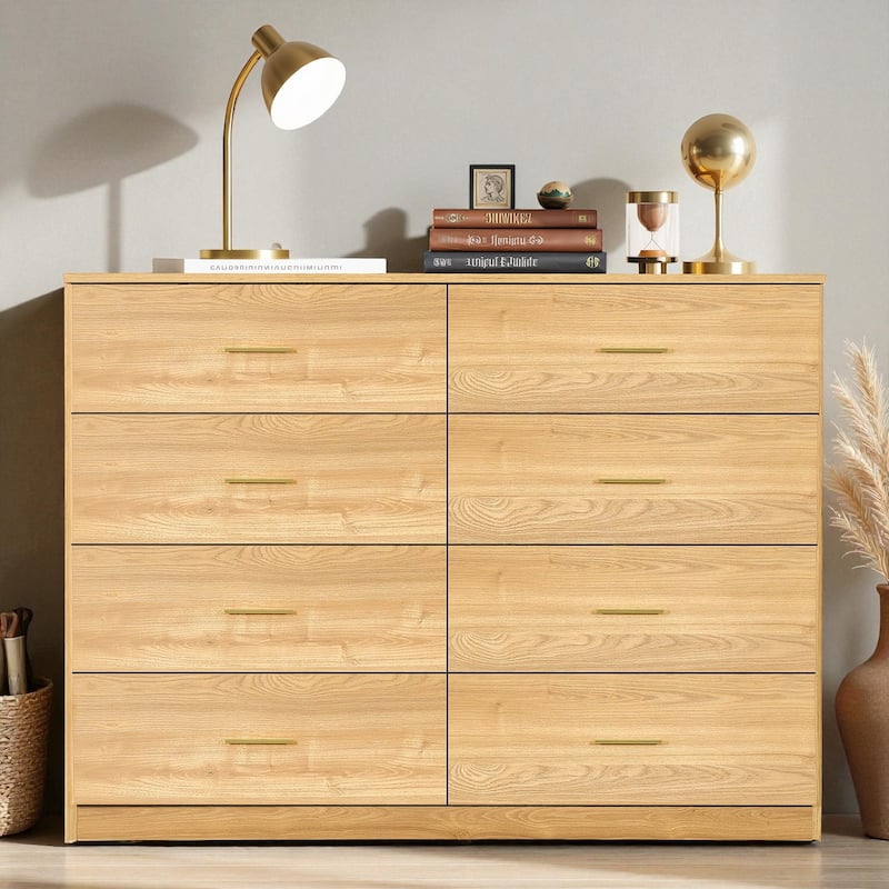 Modern Natural 8-Drawer Dresser Wide Bedroom Chest Engineered Wood Storage Cabinet with Golden Handles - Natural