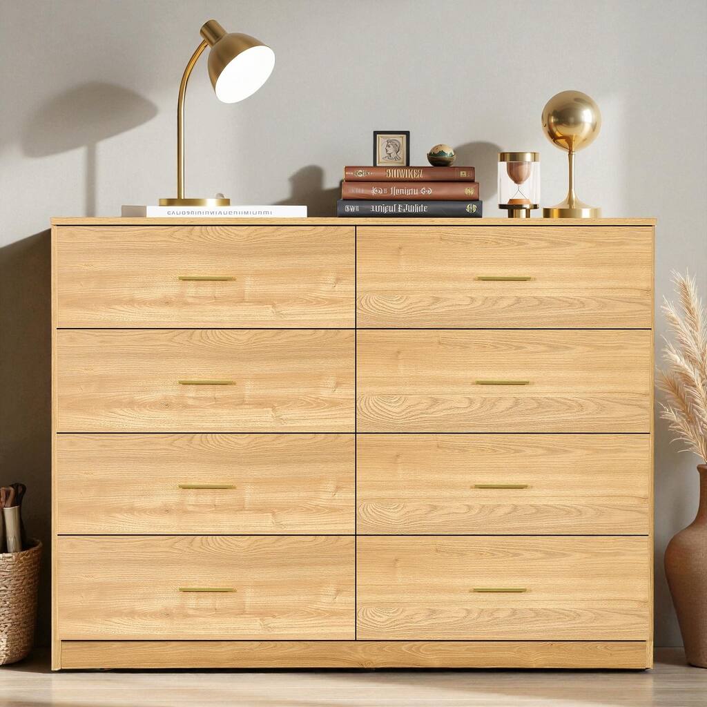 Modern Natural 8-Drawer Dresser Wide Bedroom Chest Engineered Wood Storage Cabinet with Golden Handles