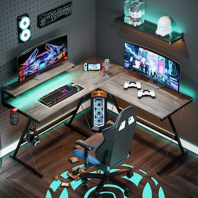 L-Shaped LED Gaming Desk Corner Computer Desk with Monitor Stand