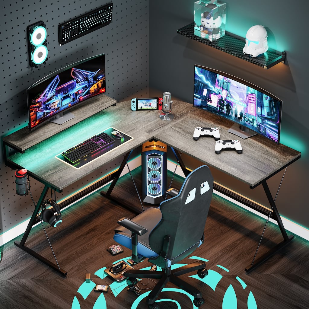 L-Shaped LED Gaming Desk Corner Computer Desk with Monitor Stand