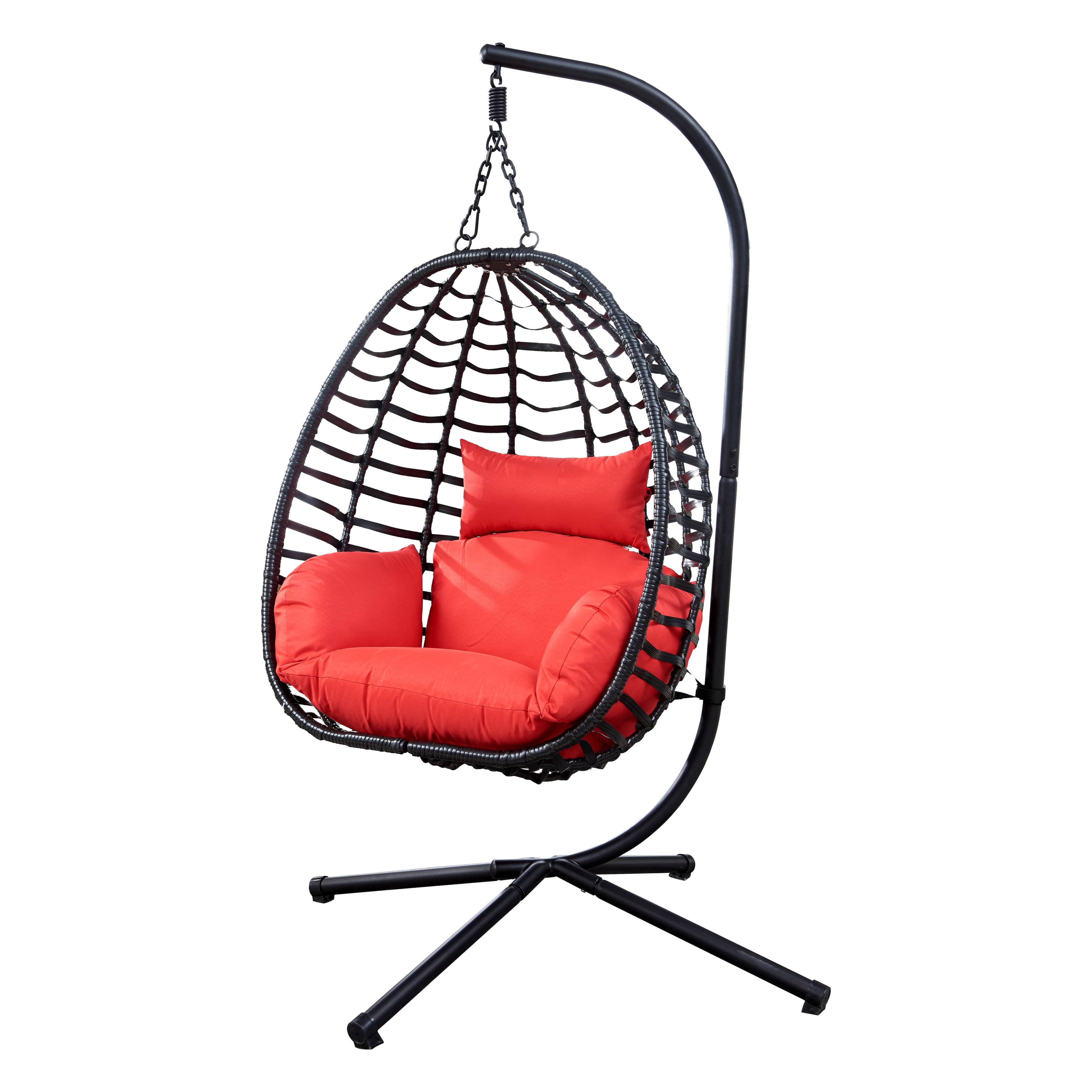 Outdoor Hanging Egg Chair with Stand and Cushion Red Wicker Bed