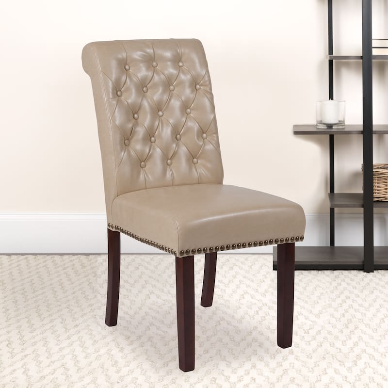 Parsons Rolled Back Accent Nail Trim Chairs (Set of 2) - 18.5"W x 27.5"D x 39.75"H - Beige Leather
