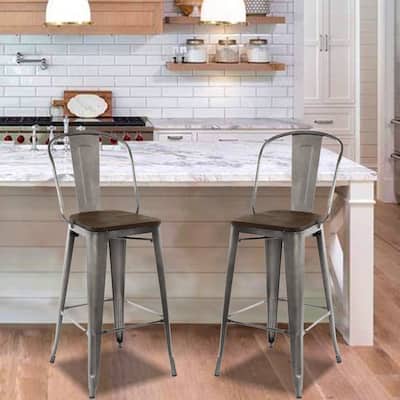 Williston High Back Wood Seat 30" Bar and 26" Counter Stool (Set of 2) - Matte Silver