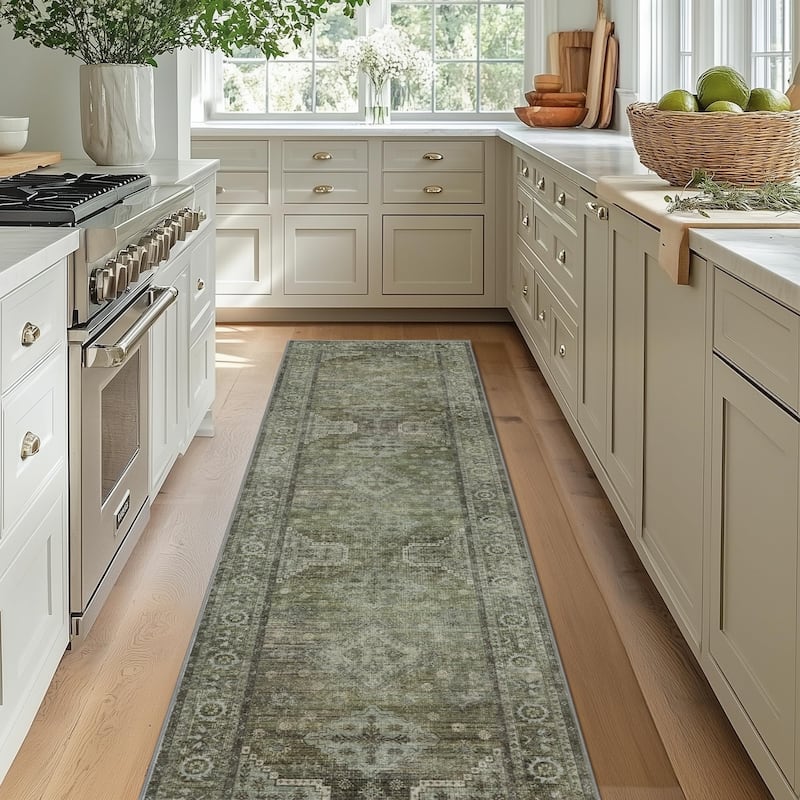 Mcow Sage Green Boho Pattern Ultra-Thin Low-Pile Washable Non-Slip Area Rug