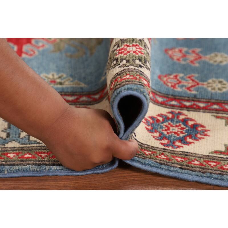 Blue Geometric Kazak Foyer Rug Hand-Knotted Oriental Wool Carpet - 3'4" x 4'11"
