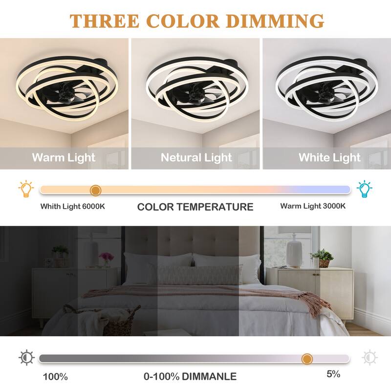 24" Adjustable Light Kit Flush Mount Ceiling Fan, 3 Color Tone CCT dimmable 6 Fan Speed, Remote & App Control for Bedroom