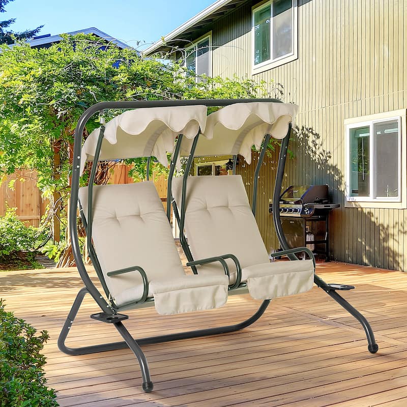 Outdoor 2 Person Steel Patio Hanging Swing Seat with Overhead Shade Protective Canopy & Solid Comfortable Design