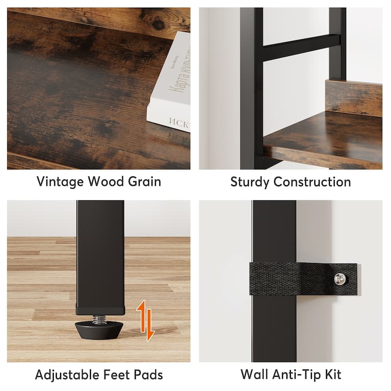 5-Tier Industrial Bookshelf, 71"H x 47"W Etagere Bookcase Free Standing Wide Book Shelf, Rustic Brown