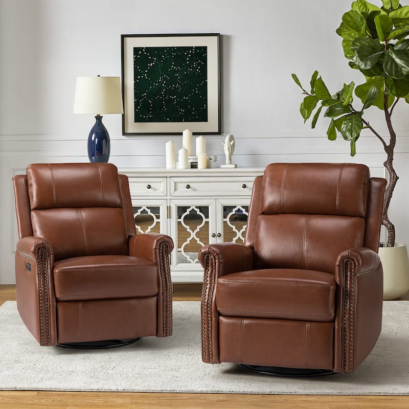 Renato Traditional Genuine Leather Nailhead Power Swivel Recliner Chair with Metal Base Set of 2 by HULALA HOME - BROWN