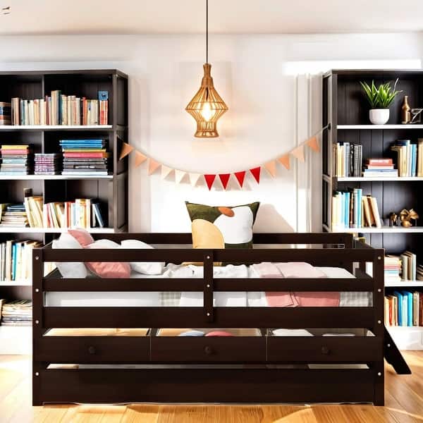 slide 2 of 13, Twin Size Low Loft Bed, Storage Drawers and Trundle White Solid Wood Bed, Maximized Space Espresso