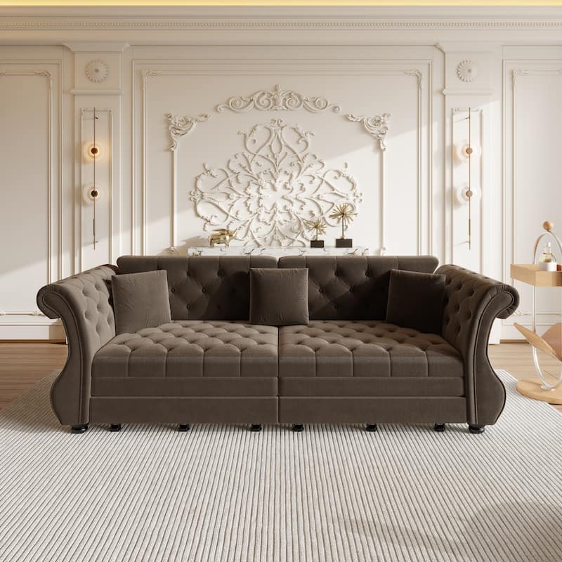 Chesterfield Pull Out Sofa Bed, Oversized 3-Seater/4-Seater Velvet Couch with Flared Arms, Convertible Sleeper Sofa