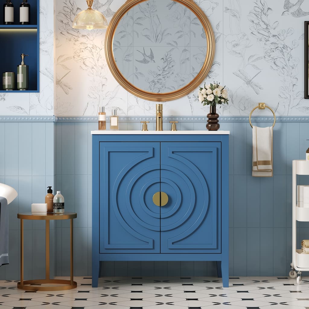 Vintage Bathroom Vanity with Are and Square Pattern Design, Storage Cabinet with Doors Organizer, Hidden Drawer and Round Handle