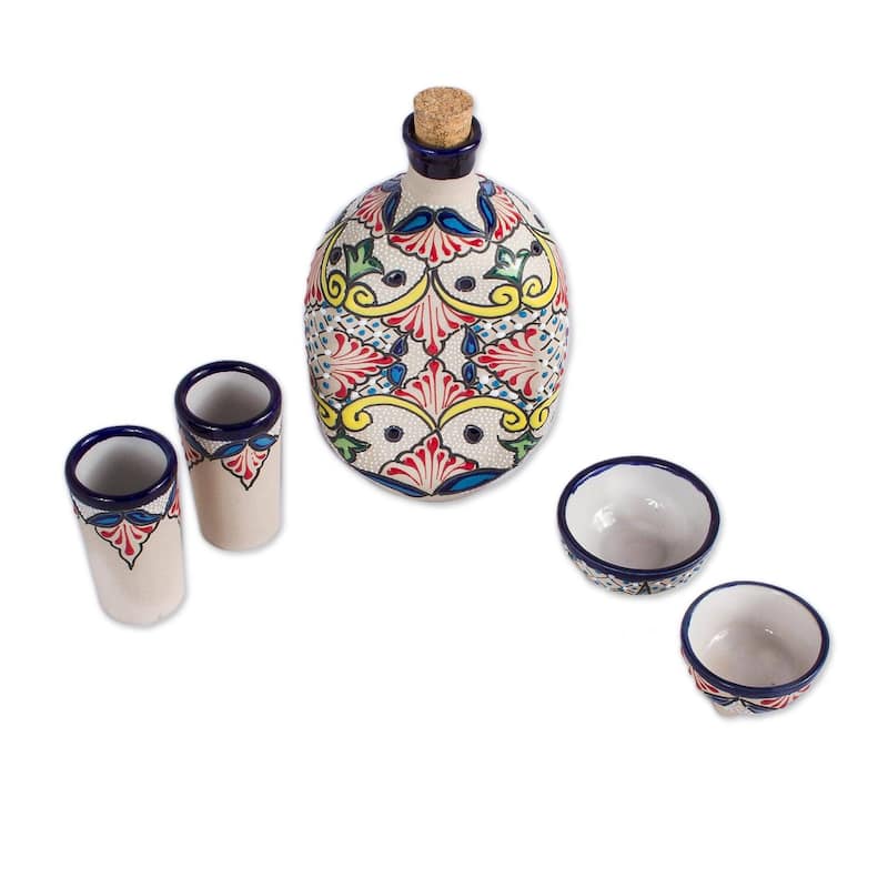NOVICA Artisan Handblown Ceramic Tequila Set Mexican Multicolor Drinkware Shot Glasses 'Talavera Beverage'(Set of 5)