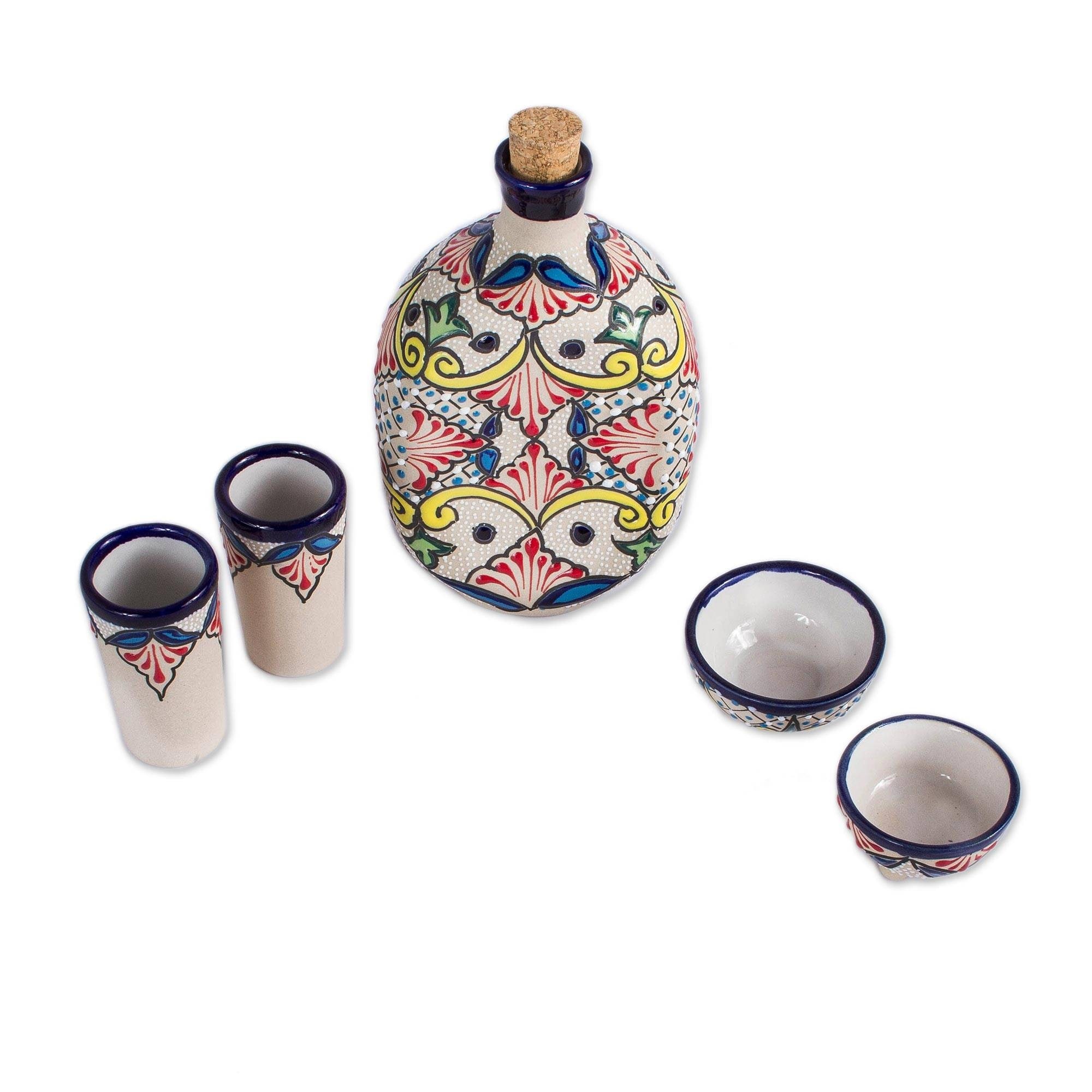 NOVICA Artisan Handblown Ceramic Tequila Set Mexican Multicolor Drinkware Shot Glasses 'Talavera Beverage'(Set of 5)
