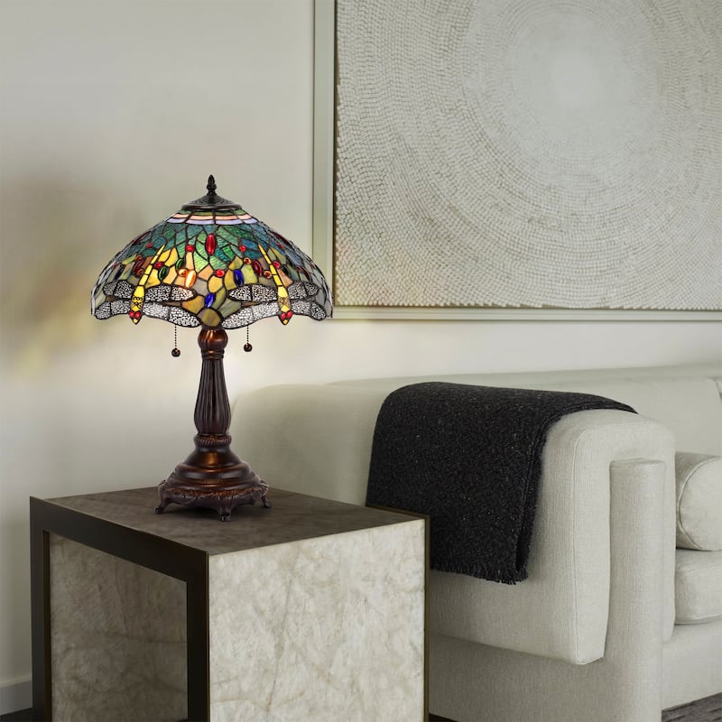 Copper Grove Simeonov Tiffany-style Blue Dragonfly Table Lamp
