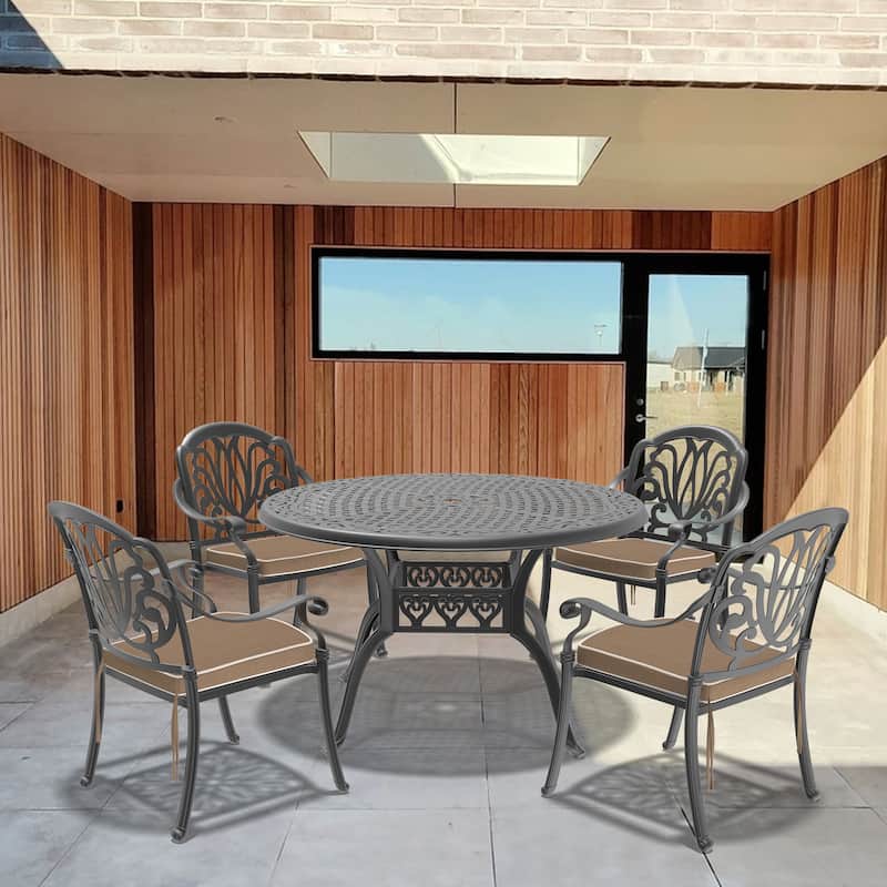5/7-Piece Cast Aluminum Outdoor Dining Set with 48.03 in. Round Table and Random Color Cushions - Black(5-Piece Sets-A)