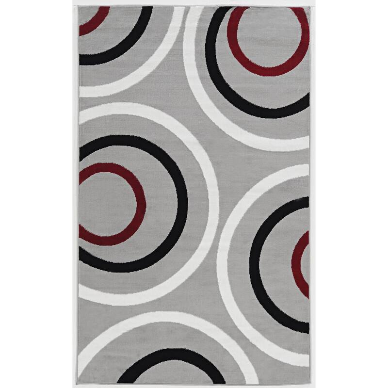 Power Loomed Capri Circles Gray White Black Red Polypropylene Rug (4'4"x7'3") - 4'3" x 7'3"