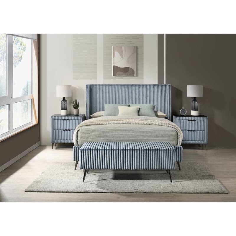Queen Size Upholstered Panel Bed Set with 2 Nightstands and Storage Bench