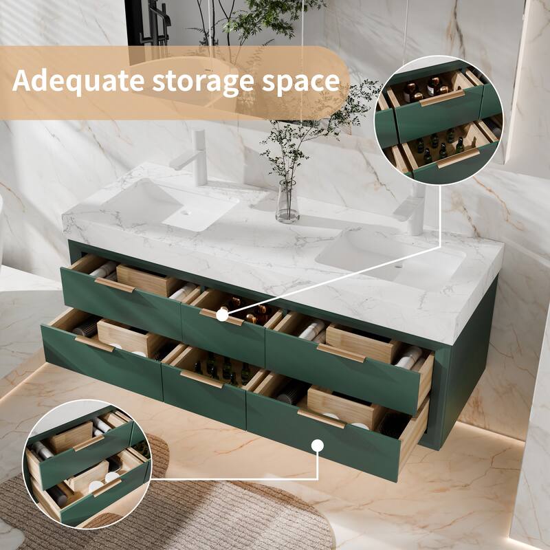 Modland 60" Modern Floating Bathroom Vanity with Double Sink, Soft-Close Drawers, White Stone Countertop