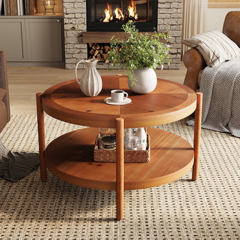 31.5" Solid Wood Round Coffee Table with Storage Shelf