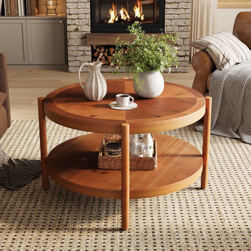 32" Double-Layer Solid Wood Round Coffee Table