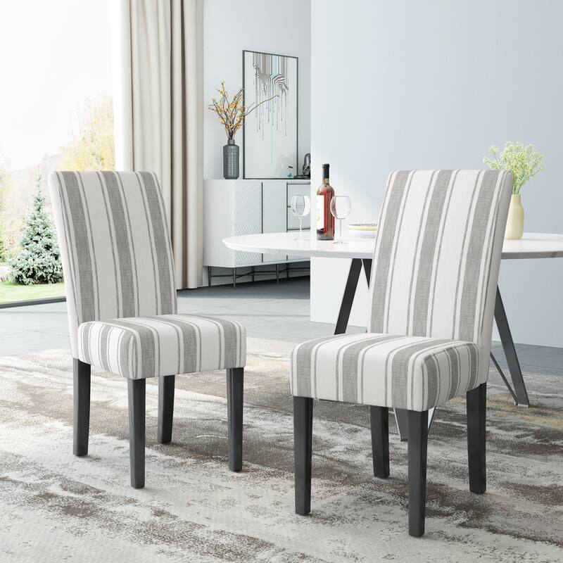 Striped Dining Chairs Set, High-Back Kitchen Chairs, Armless Upholstered Chairs with Wooden Legs, Set of 2