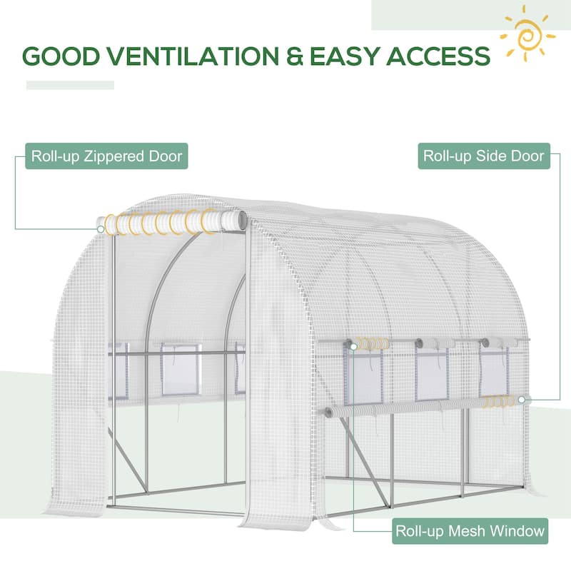 Outsunny 9.7' x 6.5' x 6.5' Walk-in Tunnel Greenhouse, Outdoor Plant Nursery with Quality PE Cover, Zipper Doors White
