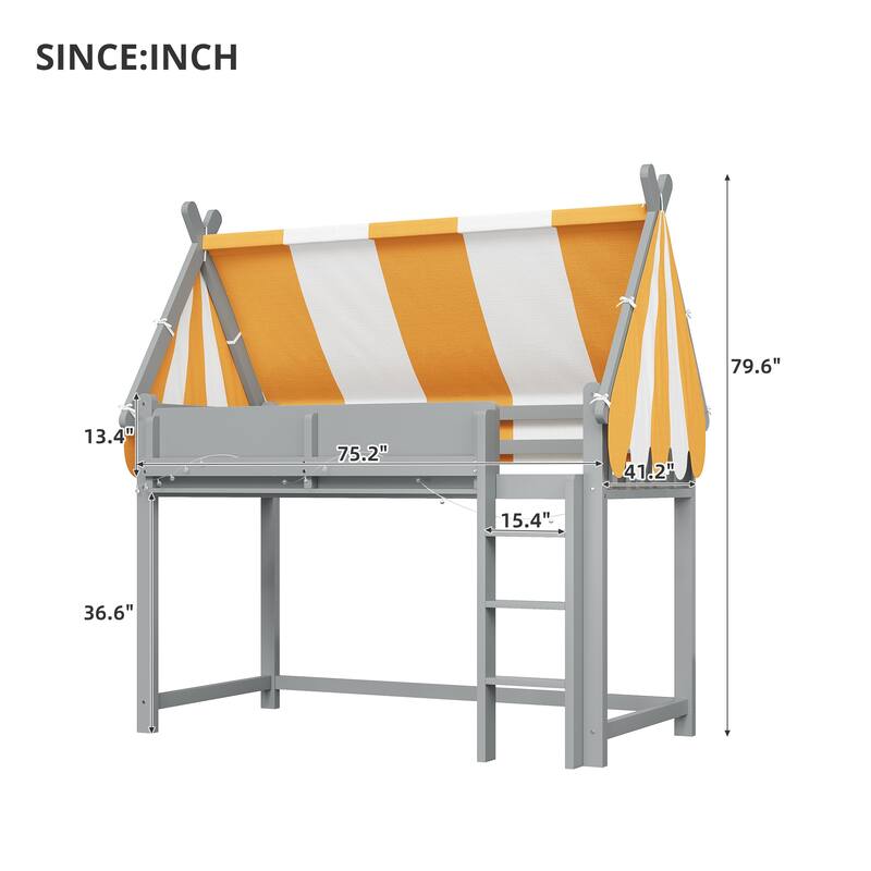 Loft Bed with Bright Yellow White Canopy, House-shaped Bed Frame Design with LED String Lights and Front Display Bookshelf