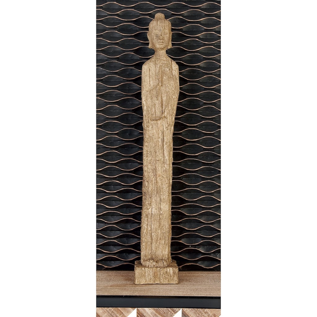 Beige Polystone Meditating Buddha Decorative Sculpture with Engraved Carvings and Relief Detailing