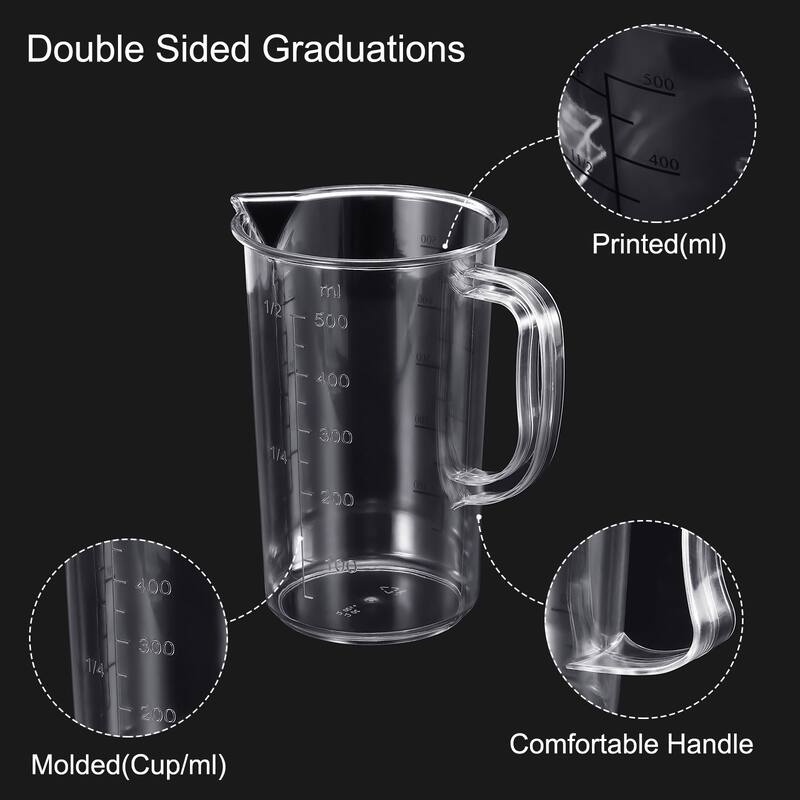Graduated Beaker, 500ml PC Plastic Liquid Measuring Cup Double Sided Graduations - Transparent