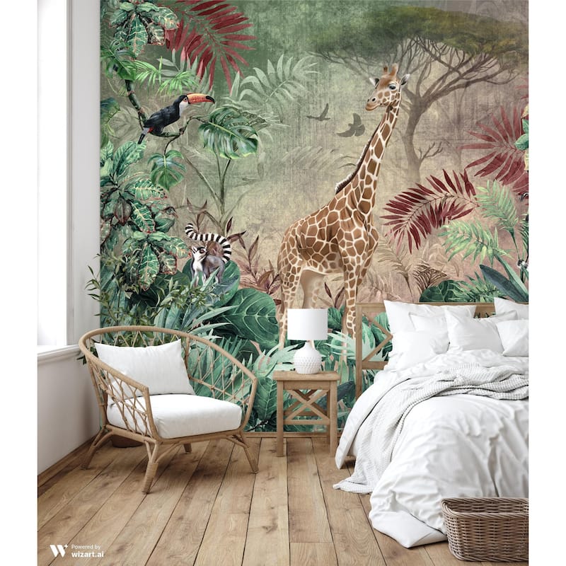 Enchanting Safari Wallpaper Mural Giraffe and Lemurs