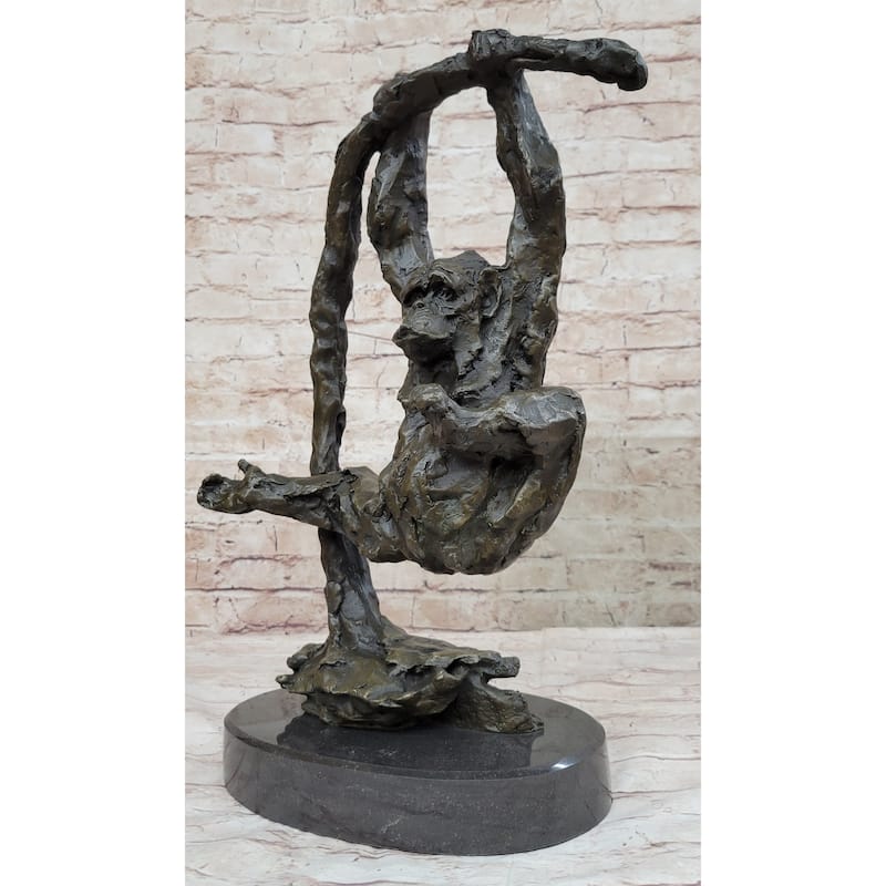 Playful Chimpanzee Swing On Bar Bronze Sculpture By C. Williams | Signed Original Artwork