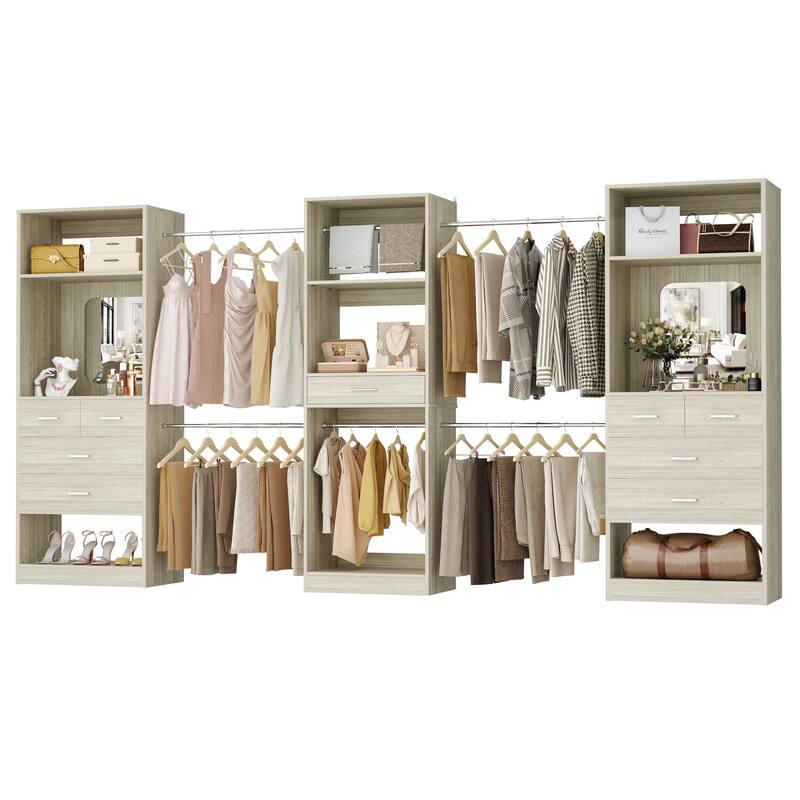 70'' - 221'' Set of 3 Closet System Organizer with Adjustable Hanging Rods, Shoe Racks, and Shelves