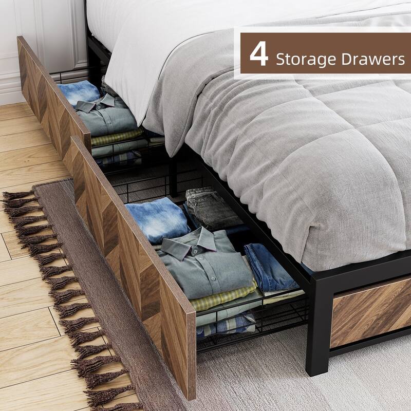 Metal Platform Bed Frame with Rustic Vintage Wood Headboard