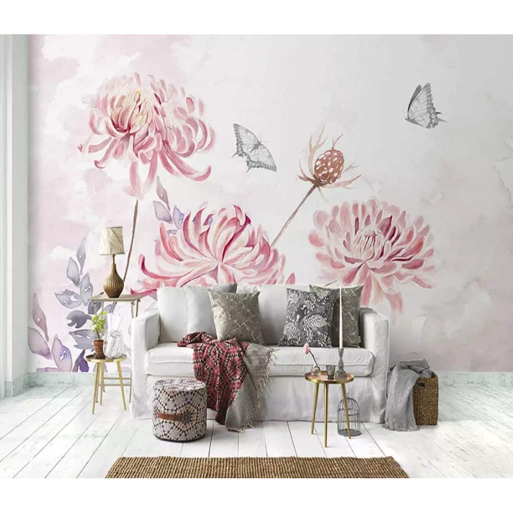 GK Wall Design Pink Dandelion Watercolor Retro Floral Removable Wallpaper