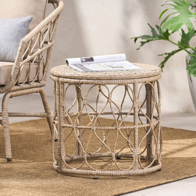 Roomfitters Bruce Outdoor Wicker Side Table with Looped Design, Boho Patio Accent Table - Brown
