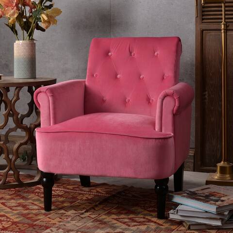 Modern Velvet Square Button Tufted Small Living Room Chair Rolled Arms Accent Chair with Thick Foam Cushion and Wooden Legs