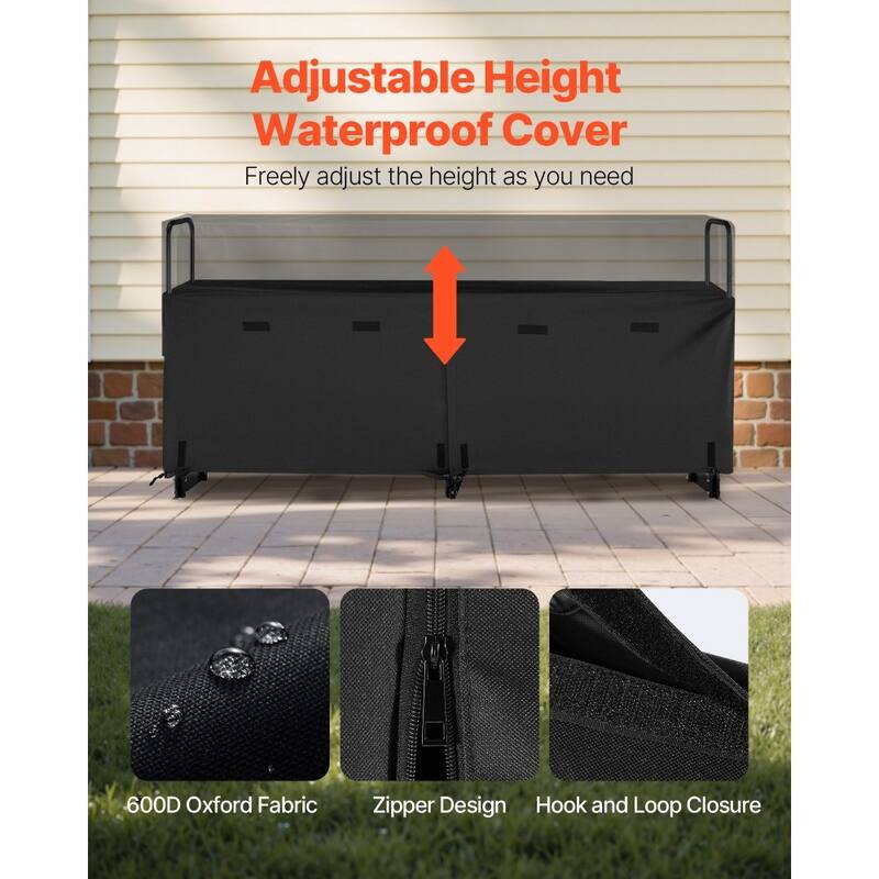 8 Feet Black Steel Firewood Storage Rack with Full-Cover Waterproof Log Protection for Patio or Backyard