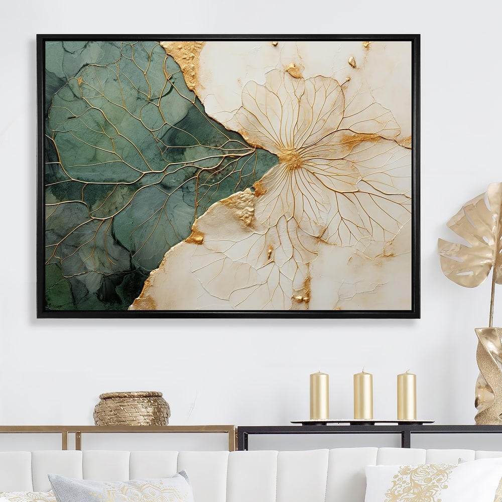 Designart "Green Gold Minimalism Poteries I" Abstract Spirals Framed Wall Art Living Room