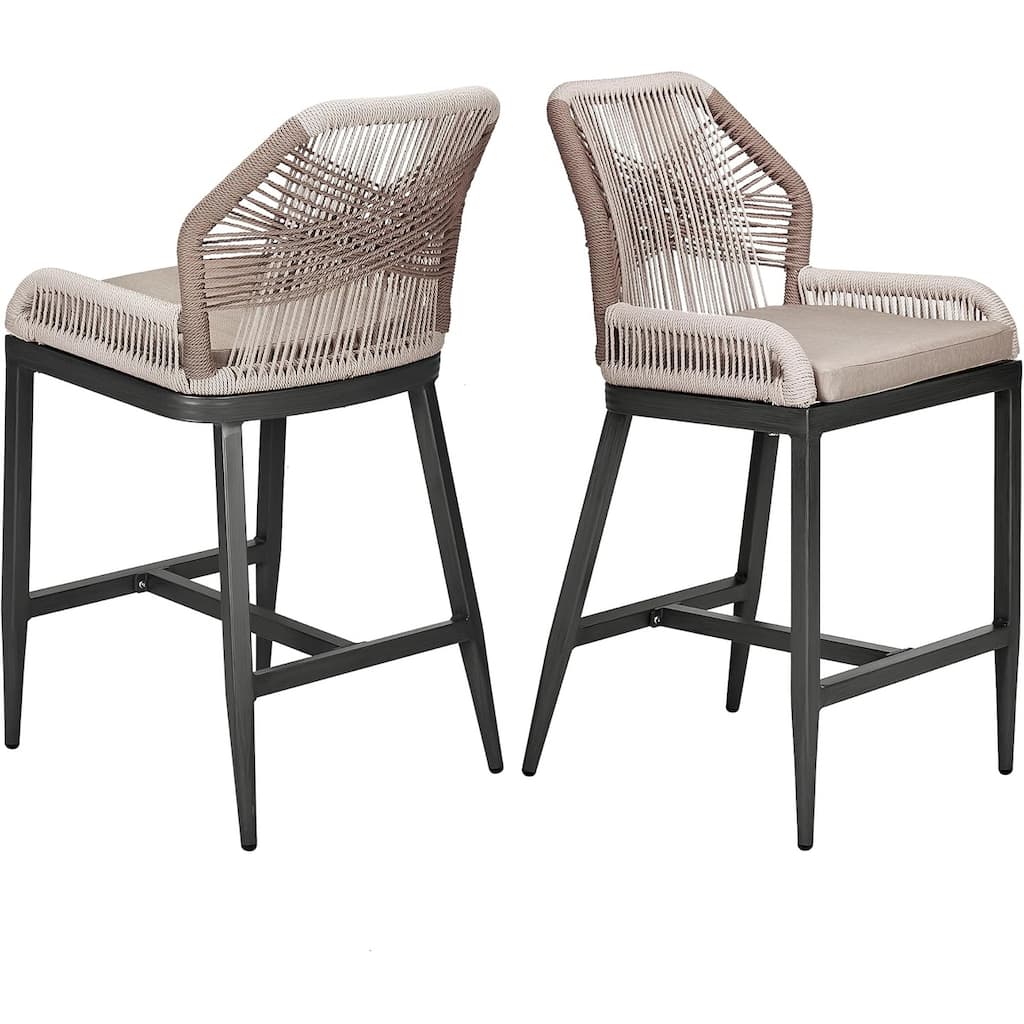 Woven Outdoor Counter Height Bar Stools Chairs Set of 2, Rattan Garden Counter Stools with Aluminum Frame