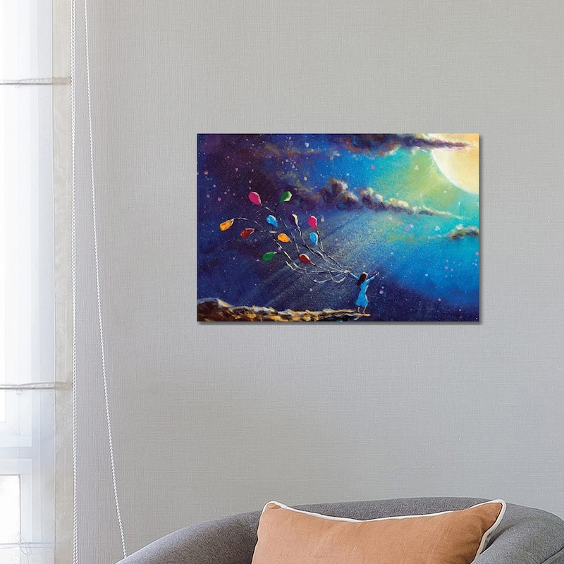 iCanvas "Romantic Girl With Colorful Balloons In Night On Blue Sea" by Valery Rybakow Canvas Print - 18x26x1.5