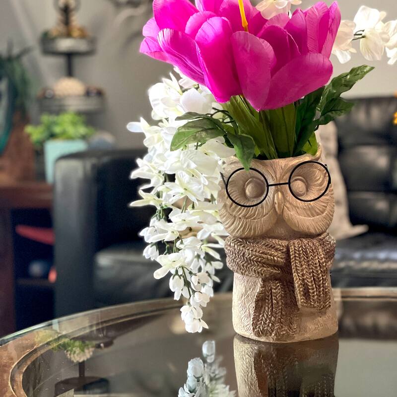 Bespectacled Owl Cement Vase 8.25" Gold Accents Knit Scarf Real Wire