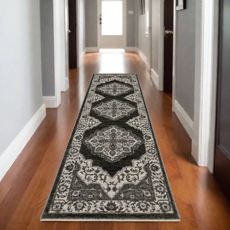 HomeRootsMedallion Traditional Rectangle Area Rug - 92.52' X '26.77' X '0.32 - Charcoal/Ivory