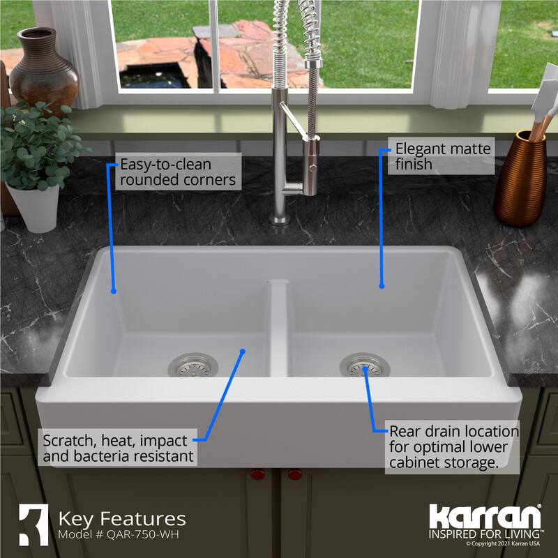 Karran Retrofit Apron Front Quartz Double Bowl Kitchen Sink