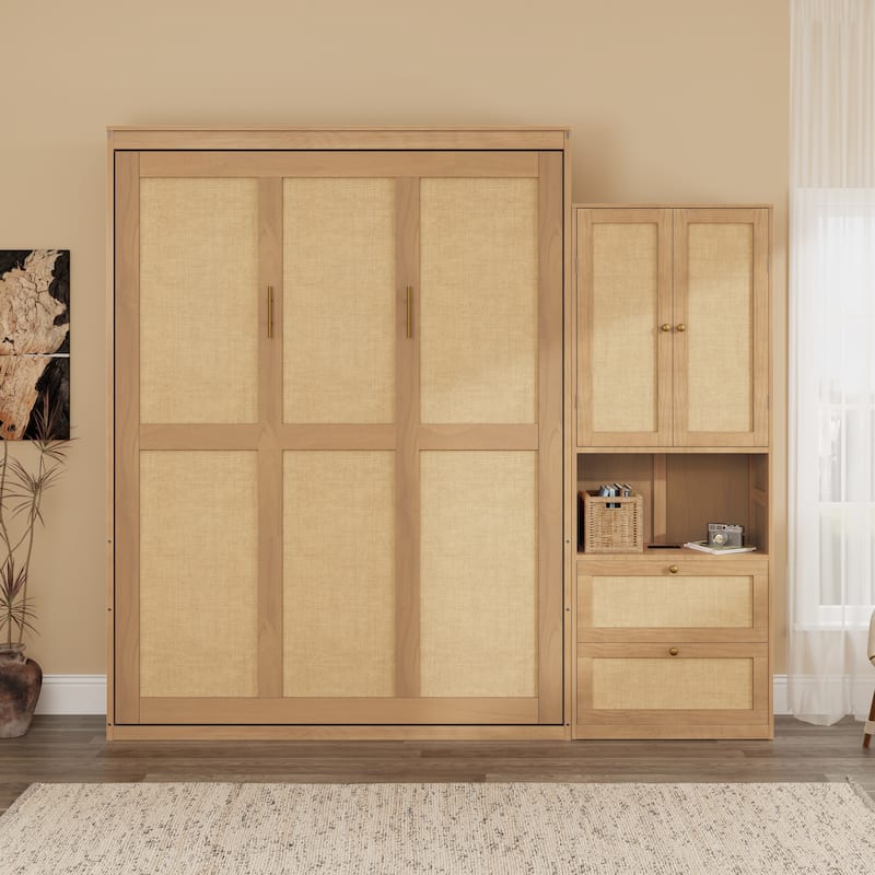 Foldable Bed Convert Cube Cabinet Rattan Murphy Bed Space-Saving Bed