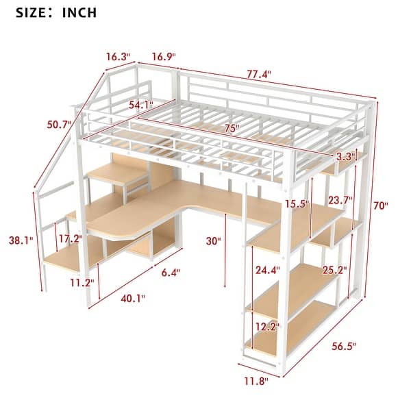 White Full Loft Bed with Storage Staircase & Small Wardrobe,Metal Loft Bed Frame w/Built-in Desk & Shelves for Kids Teens Adults