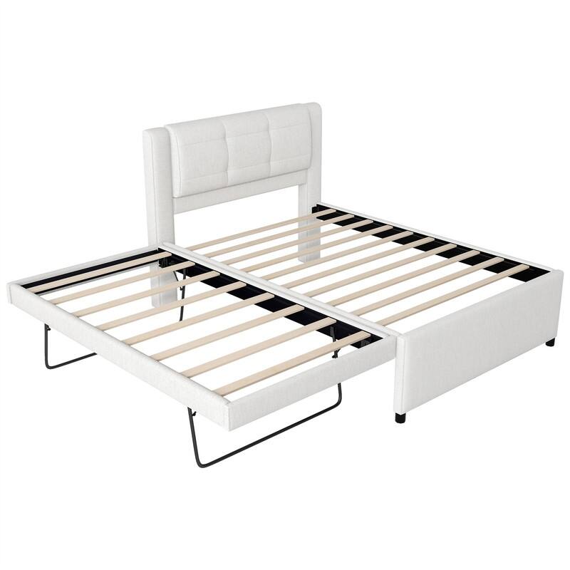 Full Size Upholstered Platform Bed with Pull-Out Trundle, Modern Bed Frame with Headboard, Trundle can be flat or erected