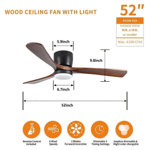 dimension image slide 13 of 20, Sofucor 42“/52"/60"/48" Noiseless Walnut Wood Ceiling Fan with Remote Control, Integrated Light Optional
