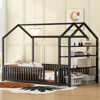 Black Twin Metal House Bed with Fence and Detachable Storage Shelves